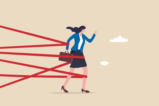 Business woman trying to walk with red bands holding her back.