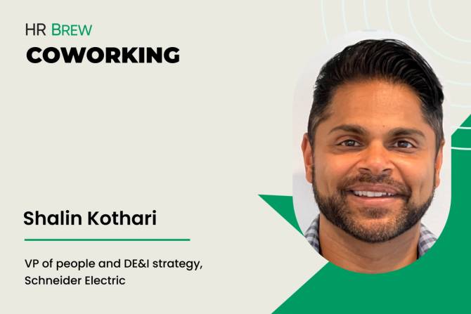 graphic of a pic of a man smiling next to HR Brew Coworking, Shalin Kothari, VP of people and DE&I strategy, schneider electric