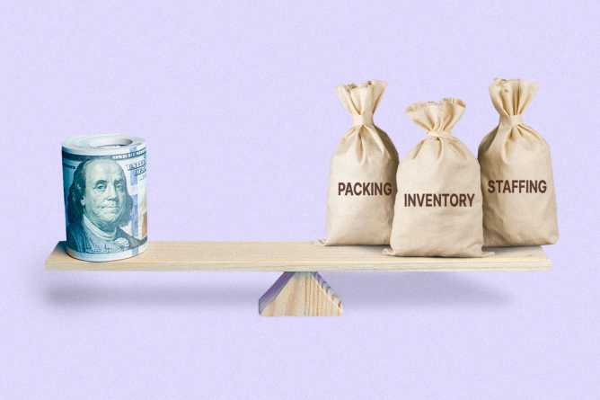 Rolled up money next to three bags labeled "Packing, Inventory, and Staffing" balancing on a see saw.