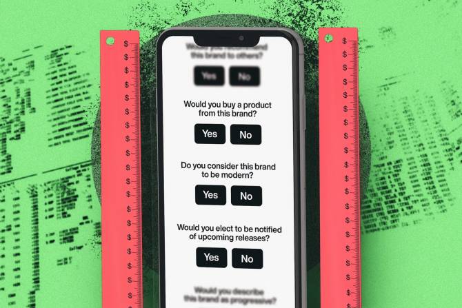 a phone with brand survey questions on it. on both sides of the phone are red rulers. on a green background
