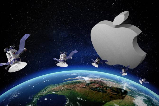 Apple logo floating in the sky with satellites 