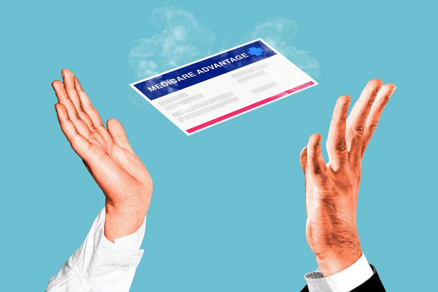 Two hands tossing a steaming Medicare Advantage card.