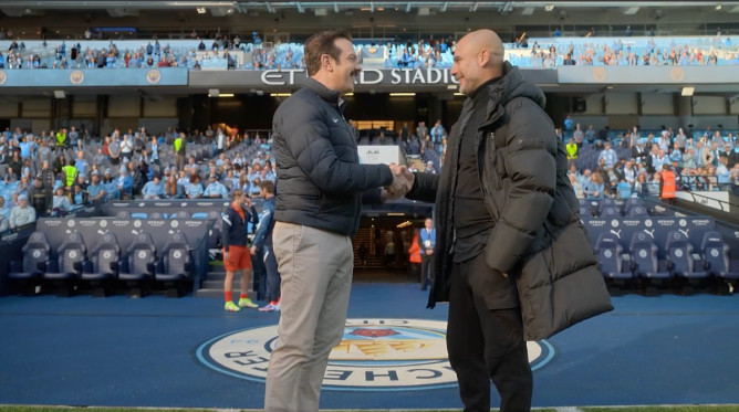 Jason Sudeikis and Manchester City manager Pep Guardiola in Ted Lasso