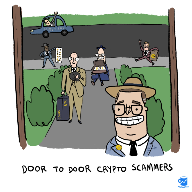 Door-to-door crypto salesmen cartoon