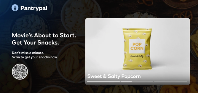 NBCUniversal's Virtual Concessions feature, promoting a bag of popcorn available for home delivery