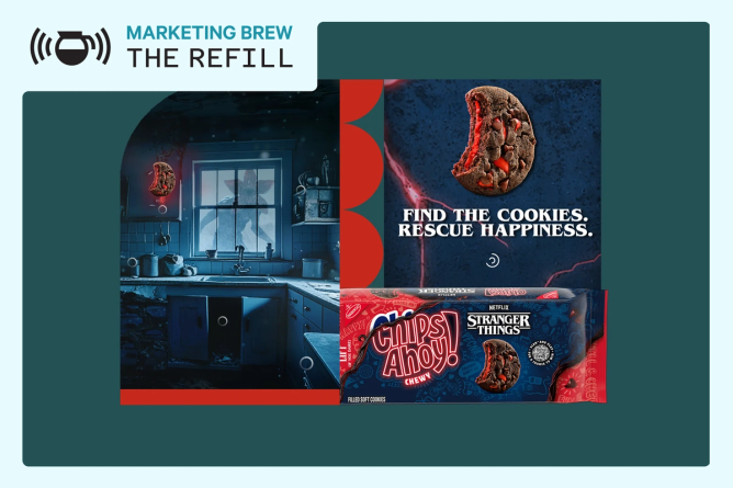 A photo composite of Chips Ahoy and Stranger Things campaign images, a dark chocolate chip cookie filled with red frosting.