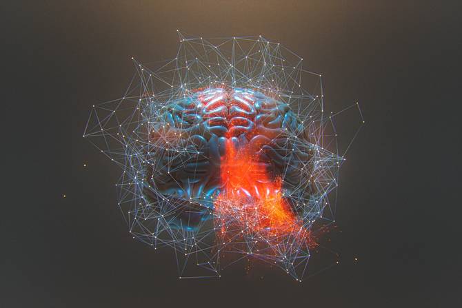 A dark blue human brain with a red center and geometric dots and lines extending out of the brain.
