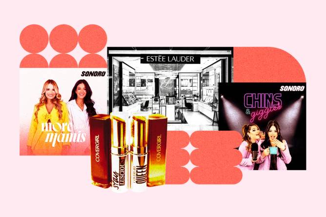 Collage of Cover Girl product and Estee Lauder store with podcasts from Sonoro.