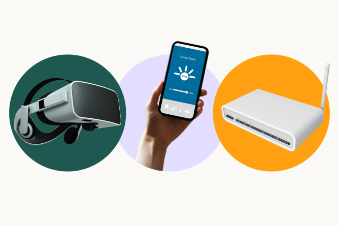 A VR headset, a hand holding up a smartphone, and a wireless router in row next to each other