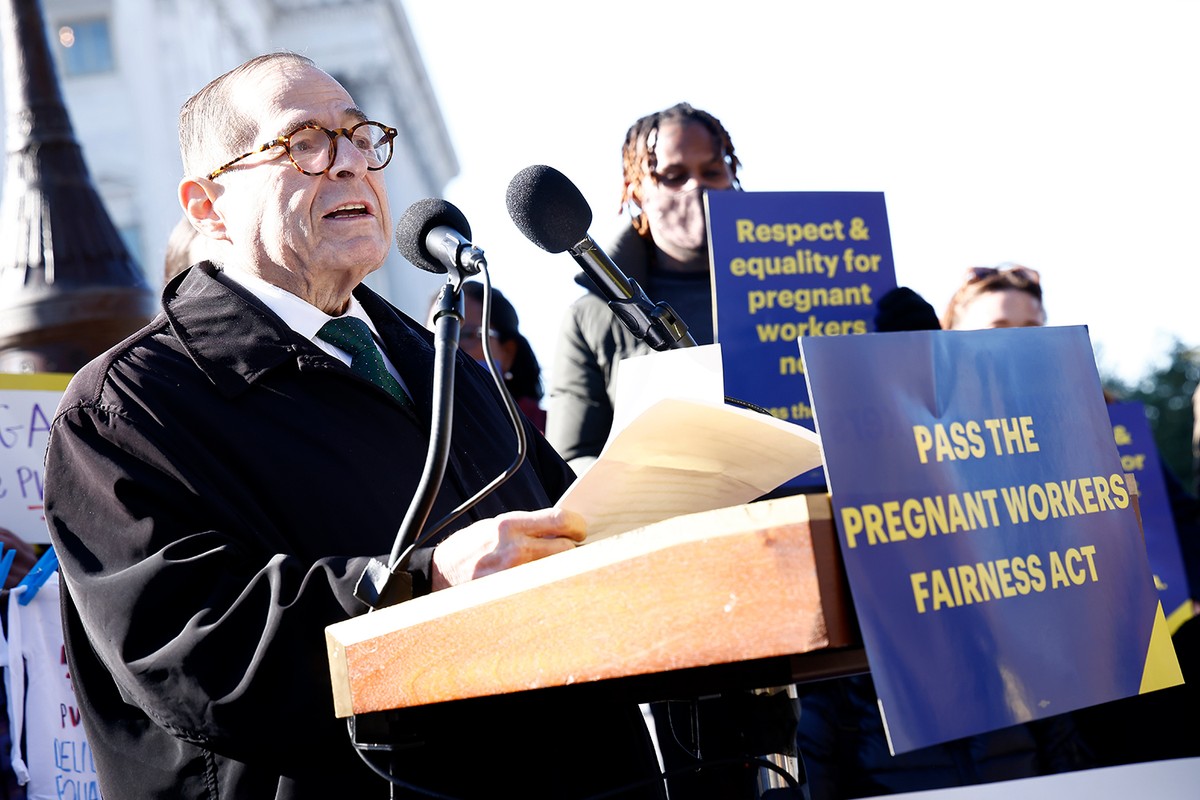 Rep. Jerry Nadler stands at a podium in front of a crowd at Capitol Hill, the podium has a sign that reads 'Pass the Pregnant Workers Fairness Act.
