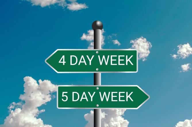 Green direction signs that read "5 day week" and "4 day week" point in opposite directions against a blue sign.