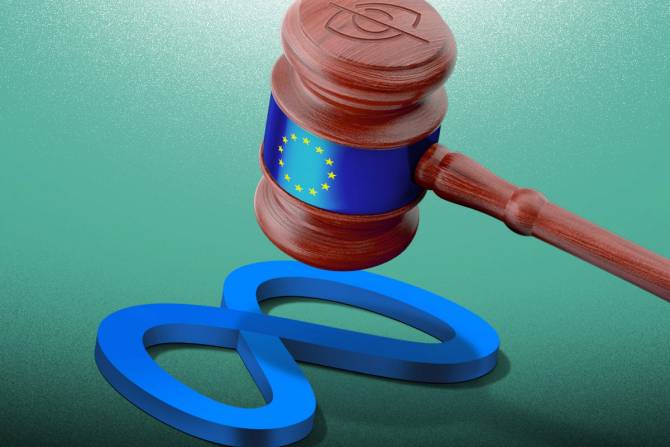 Image of a gavel with the EU flag coming down on a Meta logo.