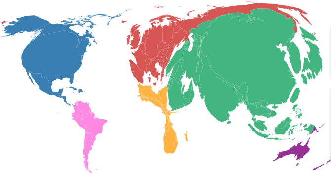 A distorted map of the world for the quiz