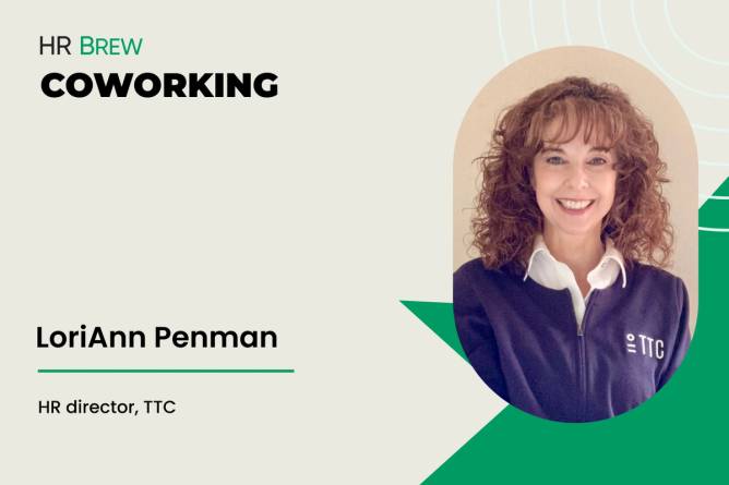 Image that says HR Brew Coworking LoriAnn Penman, HR director, TTC next to a woman with red hair and bangs wearing a blackish blue jacket over a white blouse