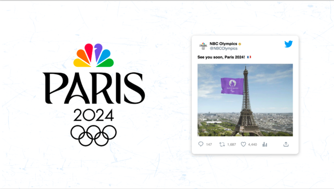 The NBC Paris 2024 logo appears on the left side of the image, and a tweet from NBC Olympics with an image of the Eiffel tower reading "See you soon, Parisi 2024!" appears on the right.