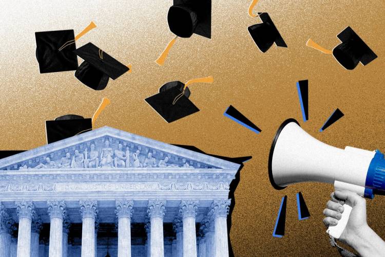 SCOTUS with graduation caps floating overhead and a bullhorn in the forefront