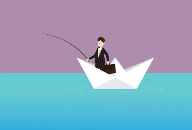 graphic of office worker with briefcase fishing in paper boat