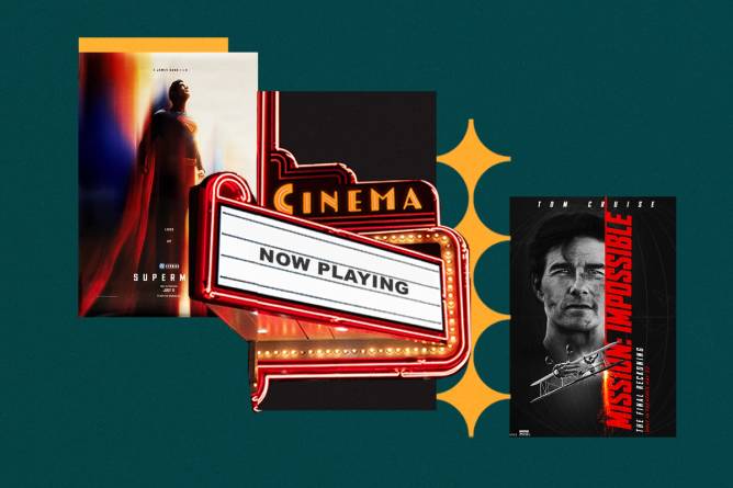 Movie posters for Superman and Mission Impossible: Final Reckoning next to a movie theater marquee