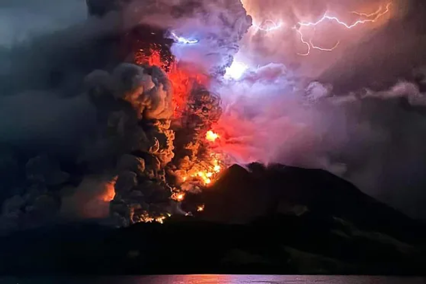 The Ruang volcano erupting in Indonesia