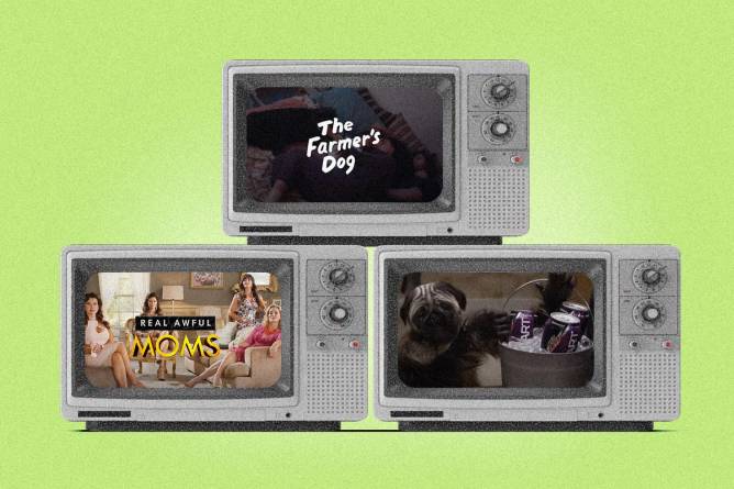 stills from ads from The Farmer's Dog, Mountain Dew, and World of Tanks on retro-looking television screens in front of a green background