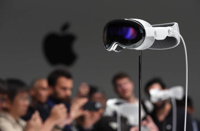 The new Apple Vision Pro headset is displayed during the Apple Worldwide Developers Conference on June 05, 2023 in Cupertino, California. Apple CEO Tim Cook kicked off the annual WWDC23 developer conference with the announcement of the new Apple Vision Pro mixed reality headset.