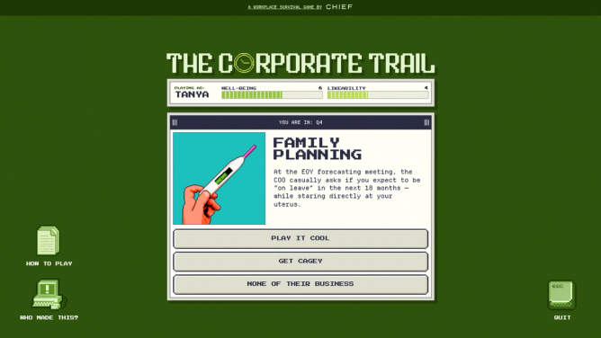 a mock 90s-era computer screen that mimics the Oregon Trail game, with an image about family planning for the player