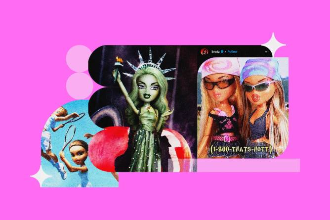 Collaged images of real life celebrities and movie characters as Bratz dolls. Credit: Illustration: Anna Kim, Photos: @Bratz/Instagram