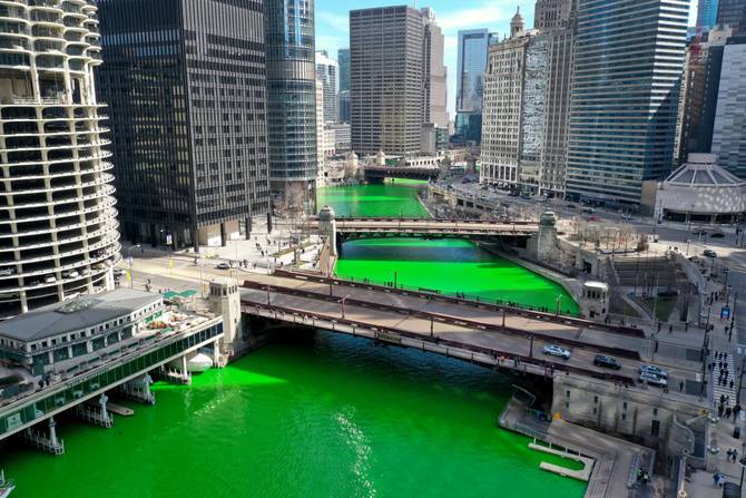 The Chicago River is dyed green for St. Patrick's Day