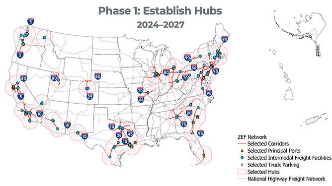 A map displays the locations of charging and refueling hubs in phase one of the strategy.