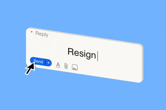 A mouse clicking to send an email that says resign