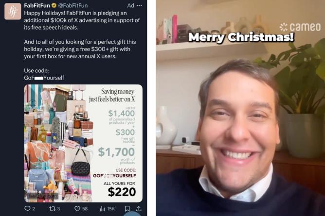 A FabFitFun promotion offering a free gift to annual X subscribers with the code "GoFuckYourself," and a screenshot of George Santos recording a Cameo video saying "Merry Christmas!" on behalf of Sen. John Fetterman