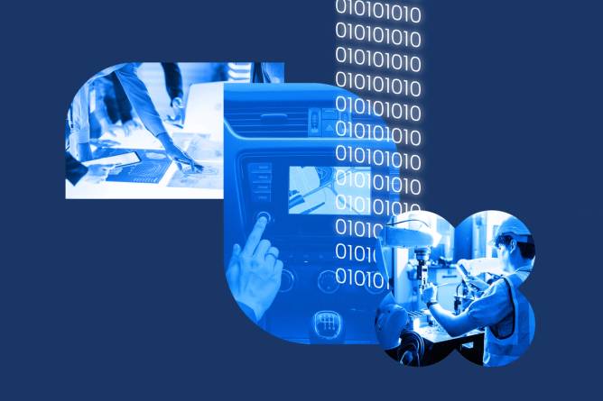 A photo composite of a manufactory worker, a car panel with a screen on the dashboard and a table of people planning overlaid with binary code. 