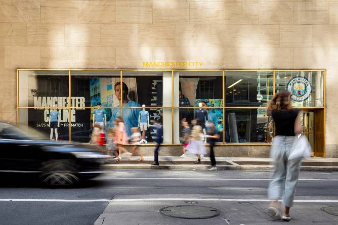 the exterior of a Manchester City pop-up retail store in Manhattan 