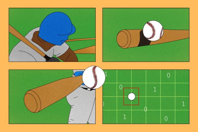 Four-panel illustration of baseball player hitting ball