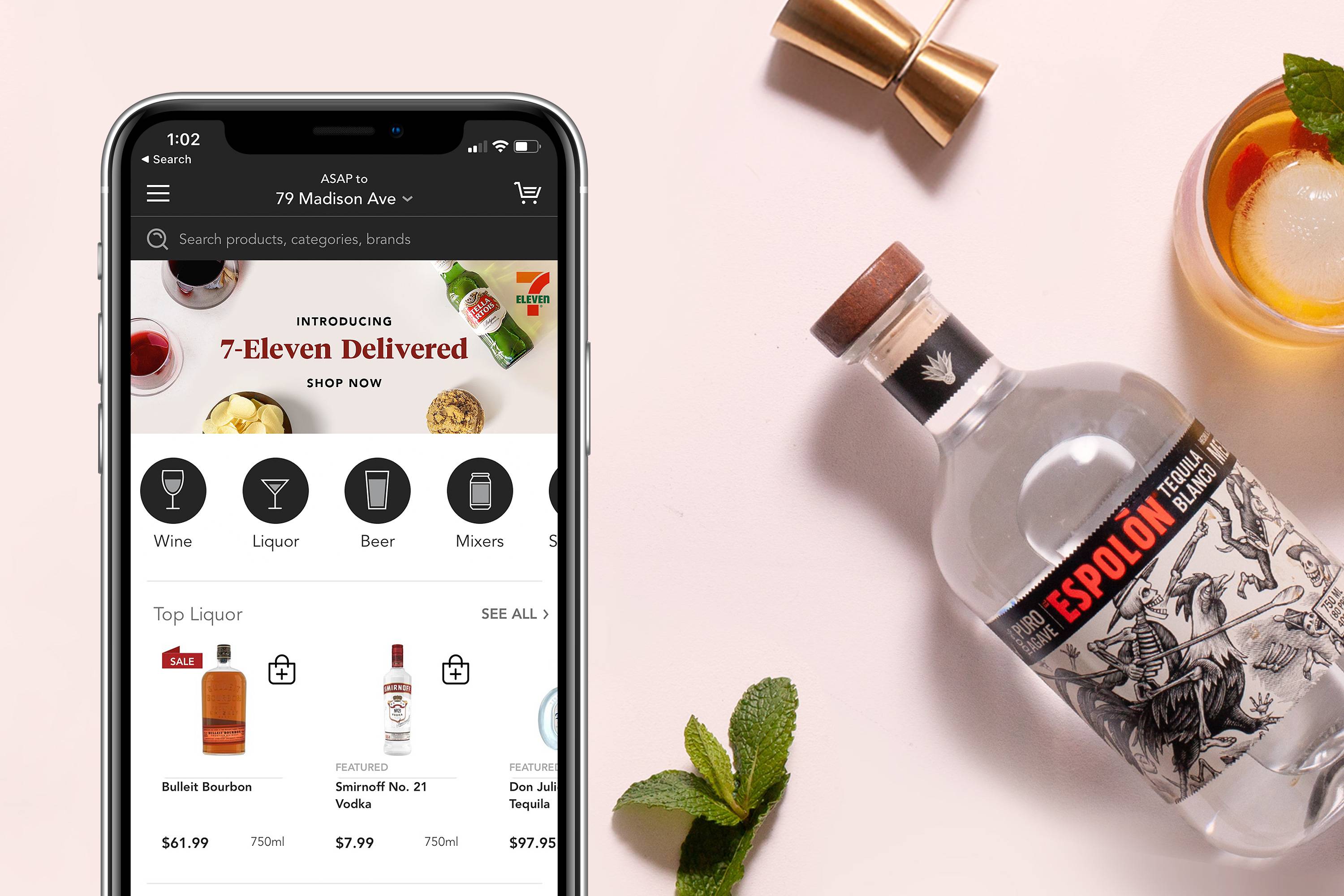 7-Eleven, minibar partner on app with tequila bottle