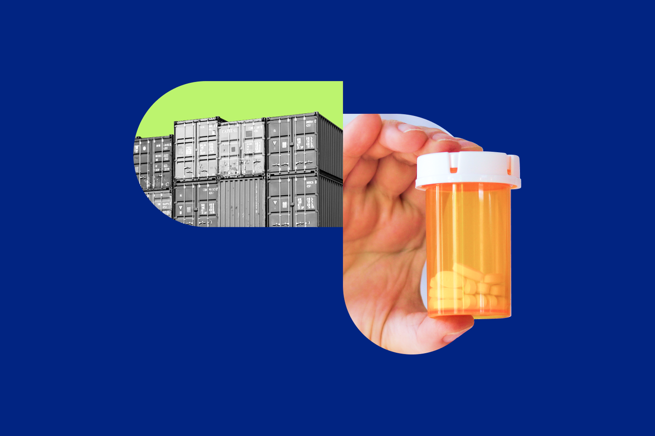 Photo collage of shipping containers and a hand holding a prescription bottle contained in abstract shapes.