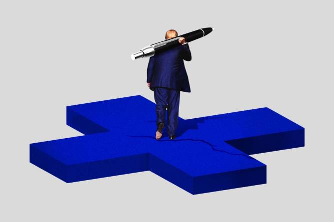 Back view of Donald Trump walking on top of a cracked healthcare cross while holding a large scaled pen. Credit: Anna Kim, Photos: Justin Sullivan, Pool/Getty Images.