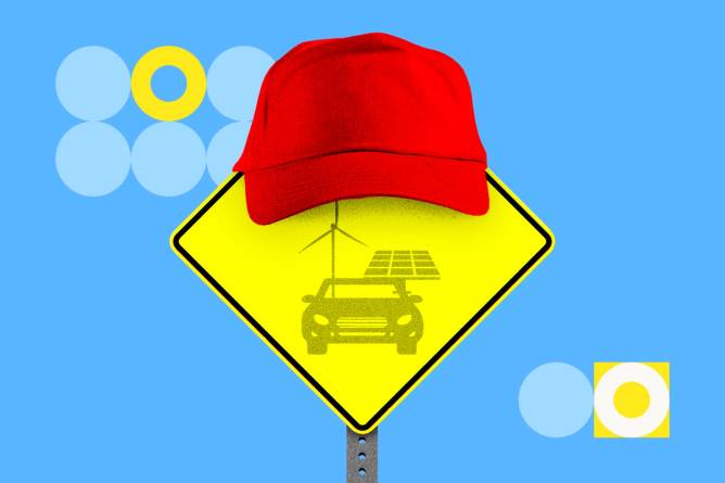 Symbols representing electric vehicles and a red baseball hat.