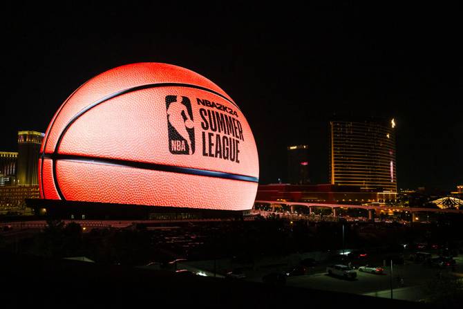 MSG sphere lit up to advertise the Summer League