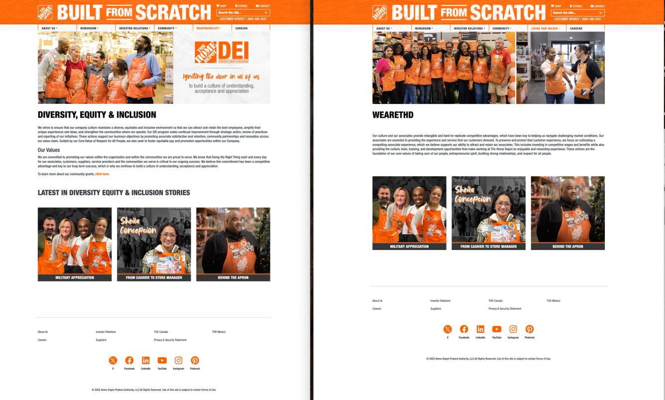 Home Depot recently took down the “Diversity, Equity & Inclusion” page from its website (left) and replaced it with a page called “WeAreTHD” that makes no mention of diversity.