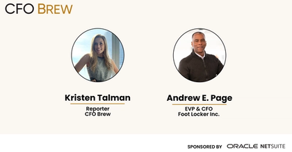 CFO Brew logo with Kristen Talman and Andrew Page headshots and Oracle NetSuite logo