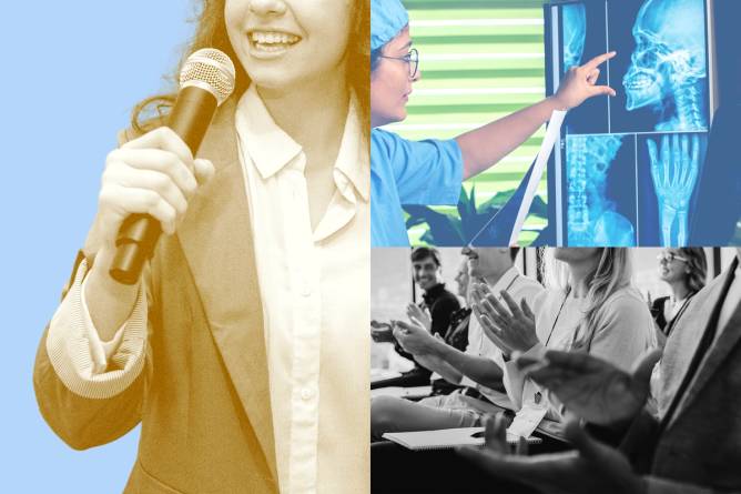 Mashup of a woman with a microphone on the left, a doctor pointing to an x-ray on the top right, and people clapping on the bottom right
