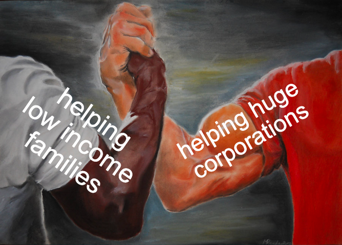 Meme two hands grabbing each other. One arm says “helping low income families” and the other arm says “helping huge corporations.”