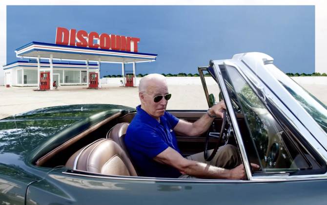Joe Biden drives past a discount gas station