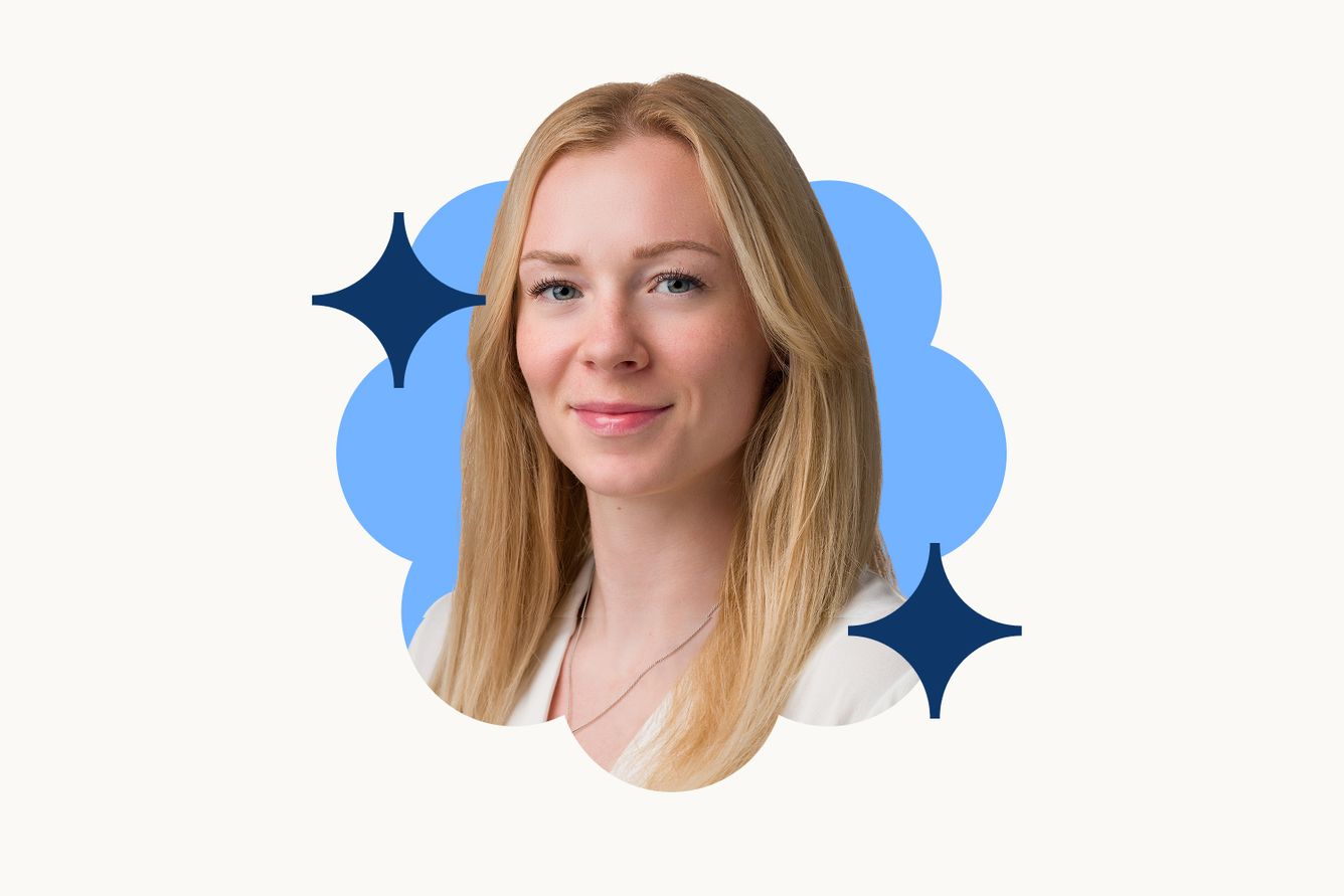 Headshot of Northwestern's Adrienne Kline on a small blue cloud with darker blue stars nearby