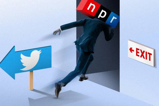 NPR as a man leaving exit door away from twitter sign.