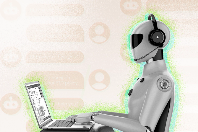 A robot sitting at a laptop wearing a phone headset with chat bubbles in the background