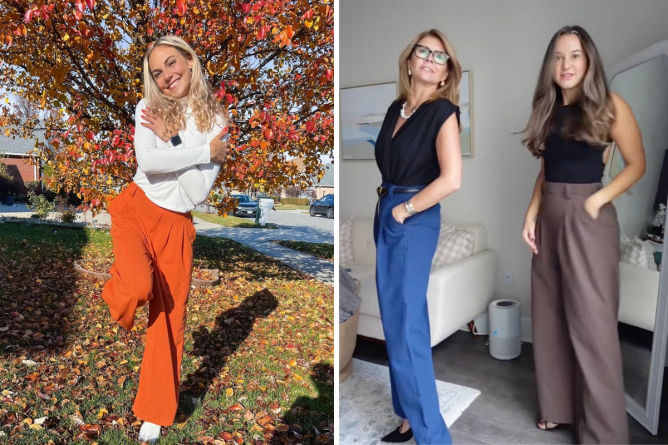 stills from creators @faith_enokian on Instagram and @passingthewater on TikTok modeling Halara work pants in orange, blue, and brown 