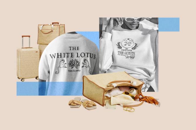 The White Lotus brand products, luggage and clothing, collaged