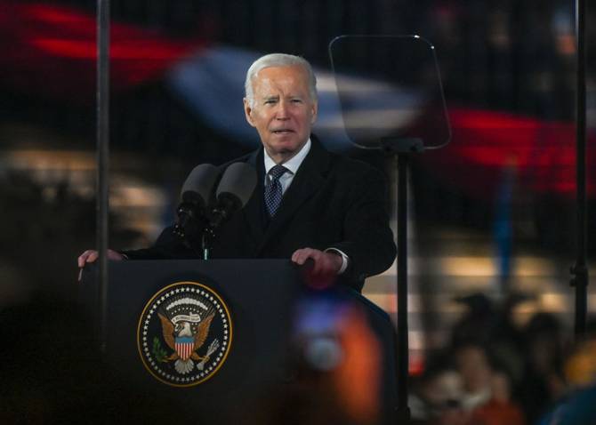 Biden giving a speech in Poland